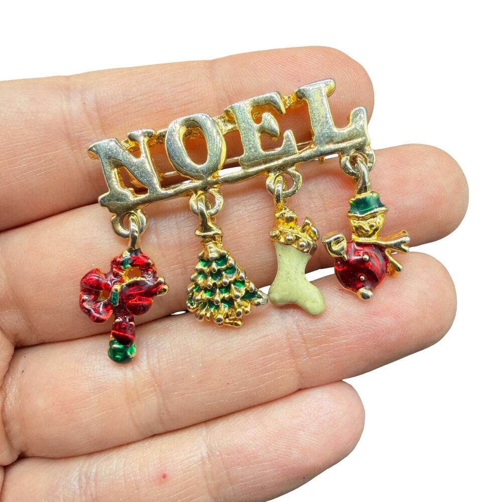 Vintage Jewelry Noel Brooch with Dangling Christmas Charms Pin